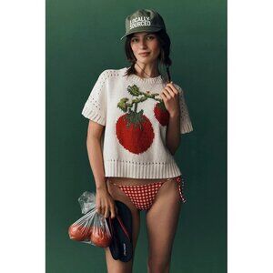 NWT Size 1X -Maeve Short-Sleeve Crew-Neck Veggie Motif Graphic Sweater Tomato